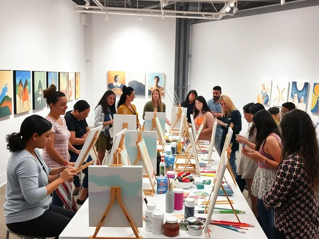 An image of a lively community art workshop with participants painting and engaging in creative activities, showcasing the cultural activities offered by ASSOCIATION CULTURE, DETENTE, LOISIRS A VILLOGNON.