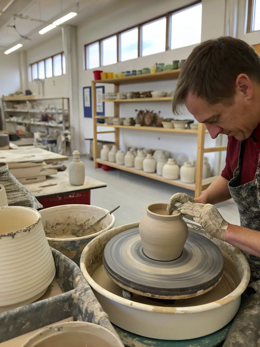 A group of people participating in a pottery class, focused on hands shaping clay, showcasing the artistic expression and skill development.