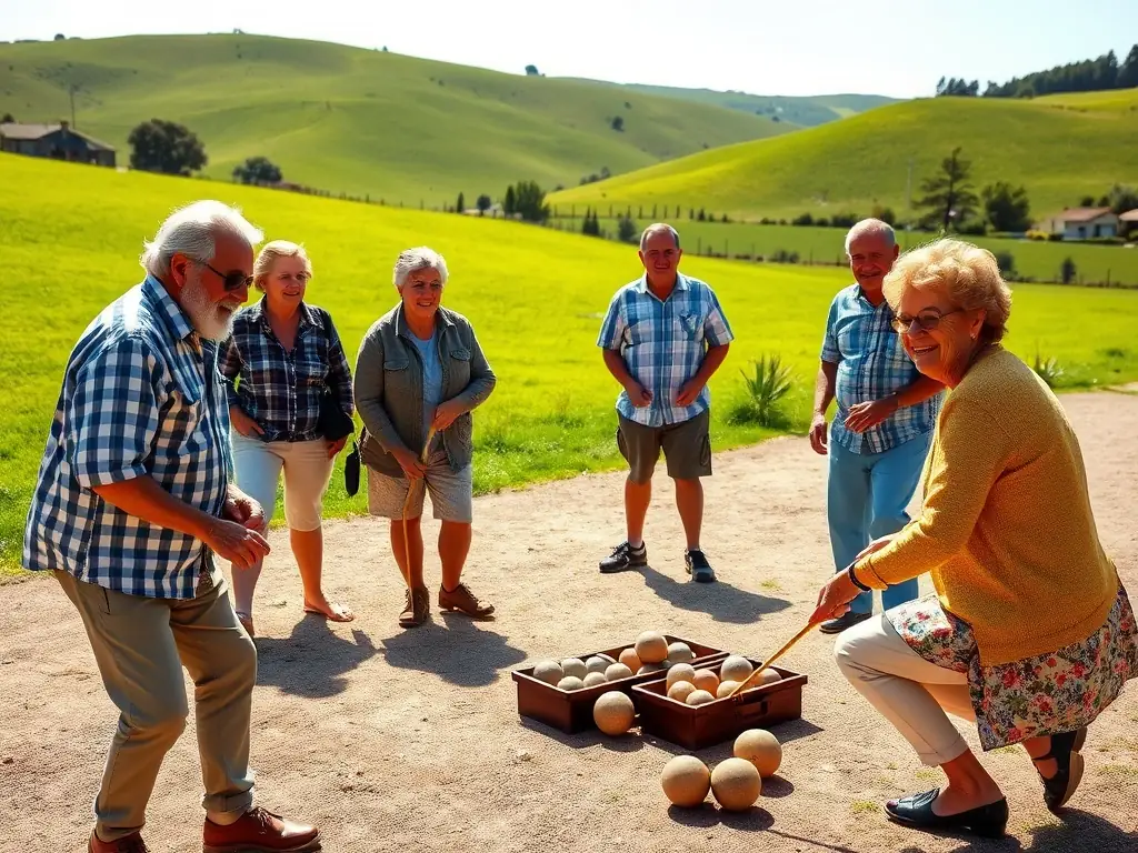 A photo of seniors playing bocce ball in a sunny outdoor setting, smiling and enjoying the game, representing the recreational programs of ASSOCIATION CULTURE, DETENTE, LOISIRS A VILLOGNON.