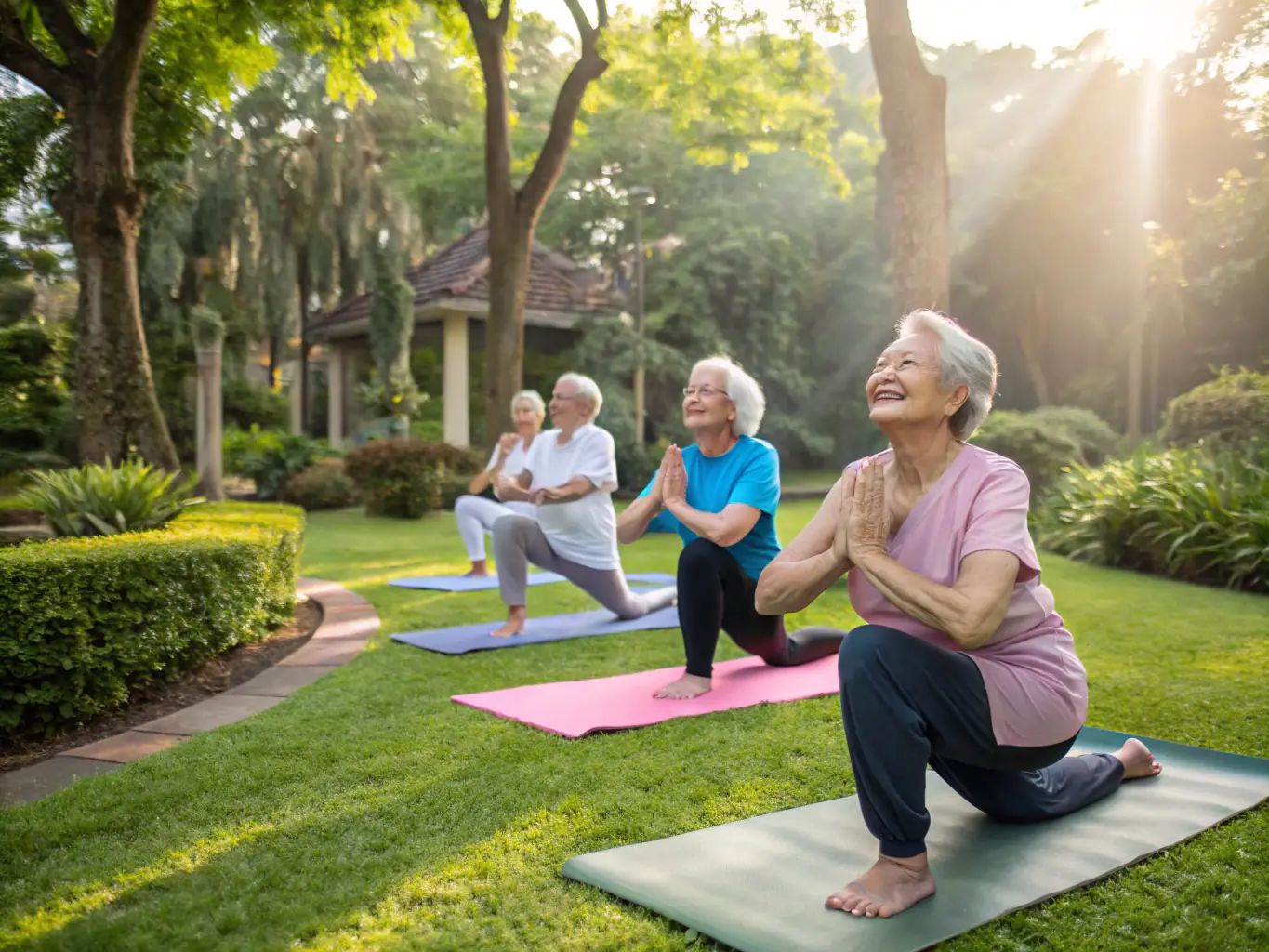 A group of seniors participating in a gentle yoga class outdoors in a park, with a certified instructor guiding them through poses, surrounded by lush greenery and natural light.