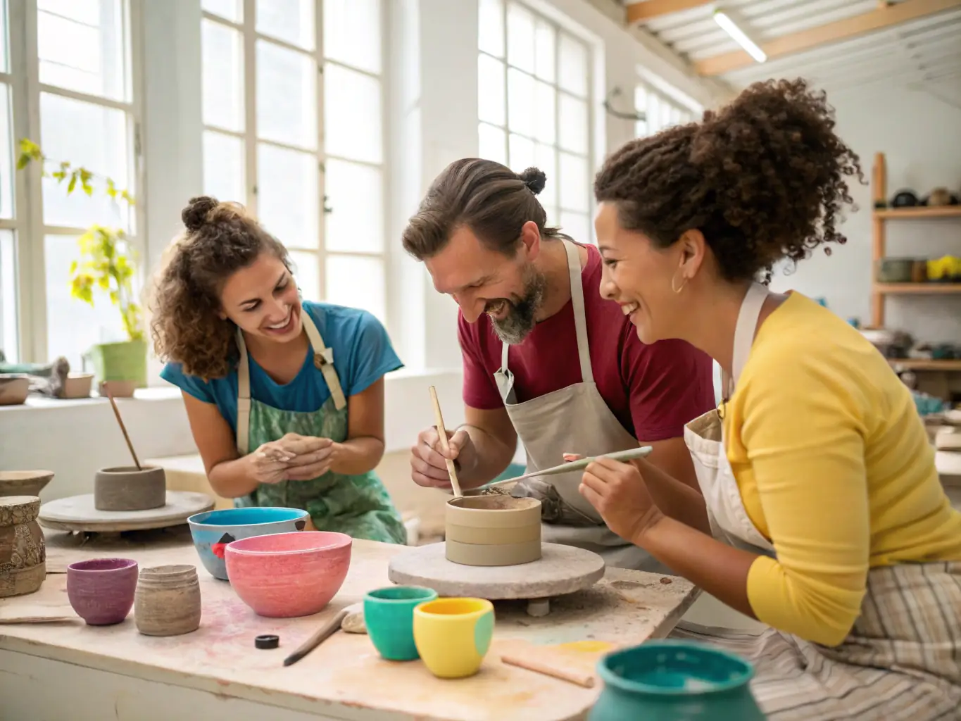 A group of people participating in a pottery workshop, focused on creating unique ceramic pieces, with clay-covered hands and smiles, in a bright and airy studio setting.