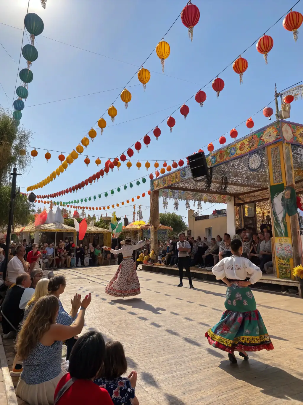 A vibrant scene from a community festival, featuring music, dance, and food stalls, capturing the lively atmosphere and cultural exchange.