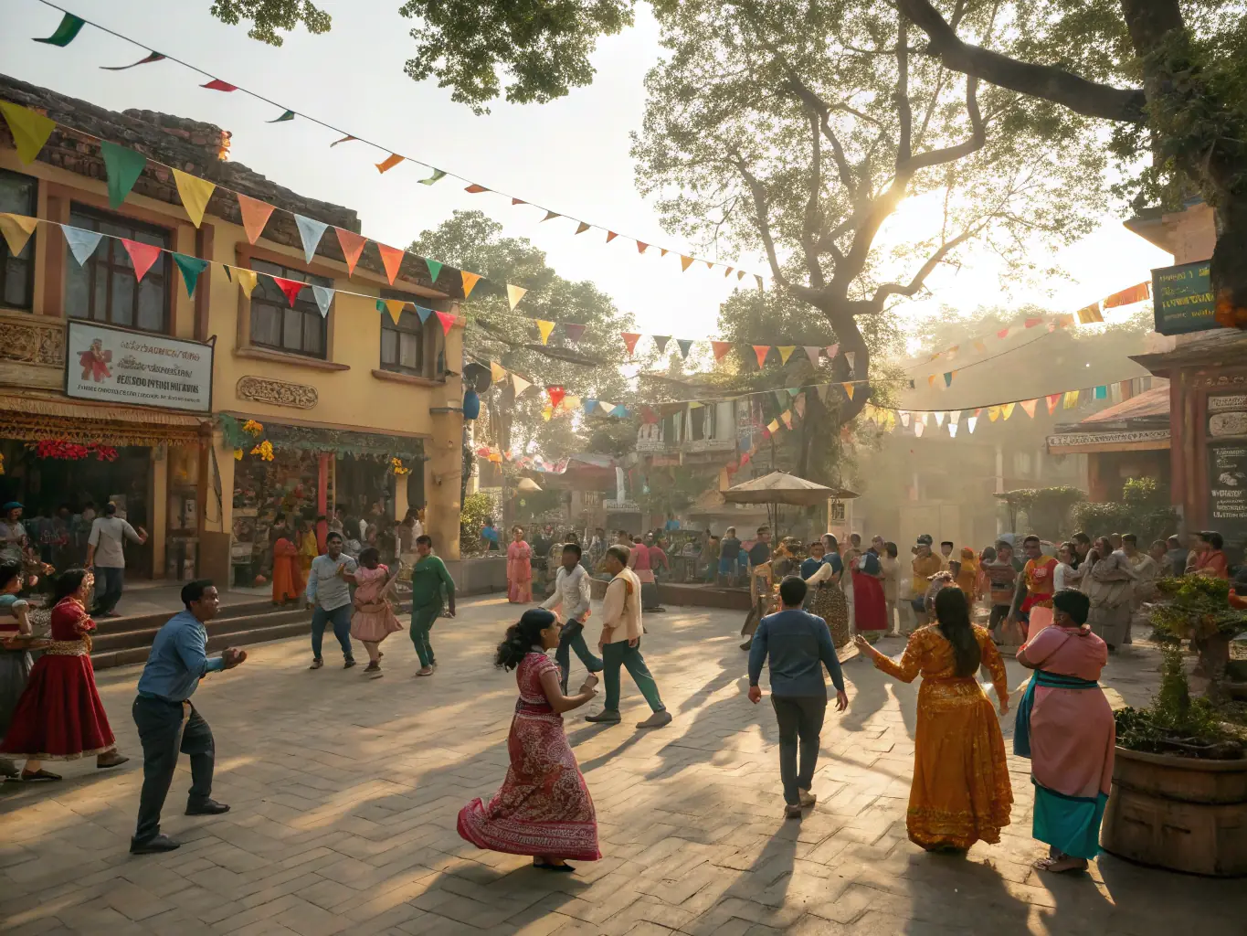 A vibrant scene from a local community festival, featuring traditional music, dance performances, food stalls, and smiling faces of people of all ages enjoying the festivities.