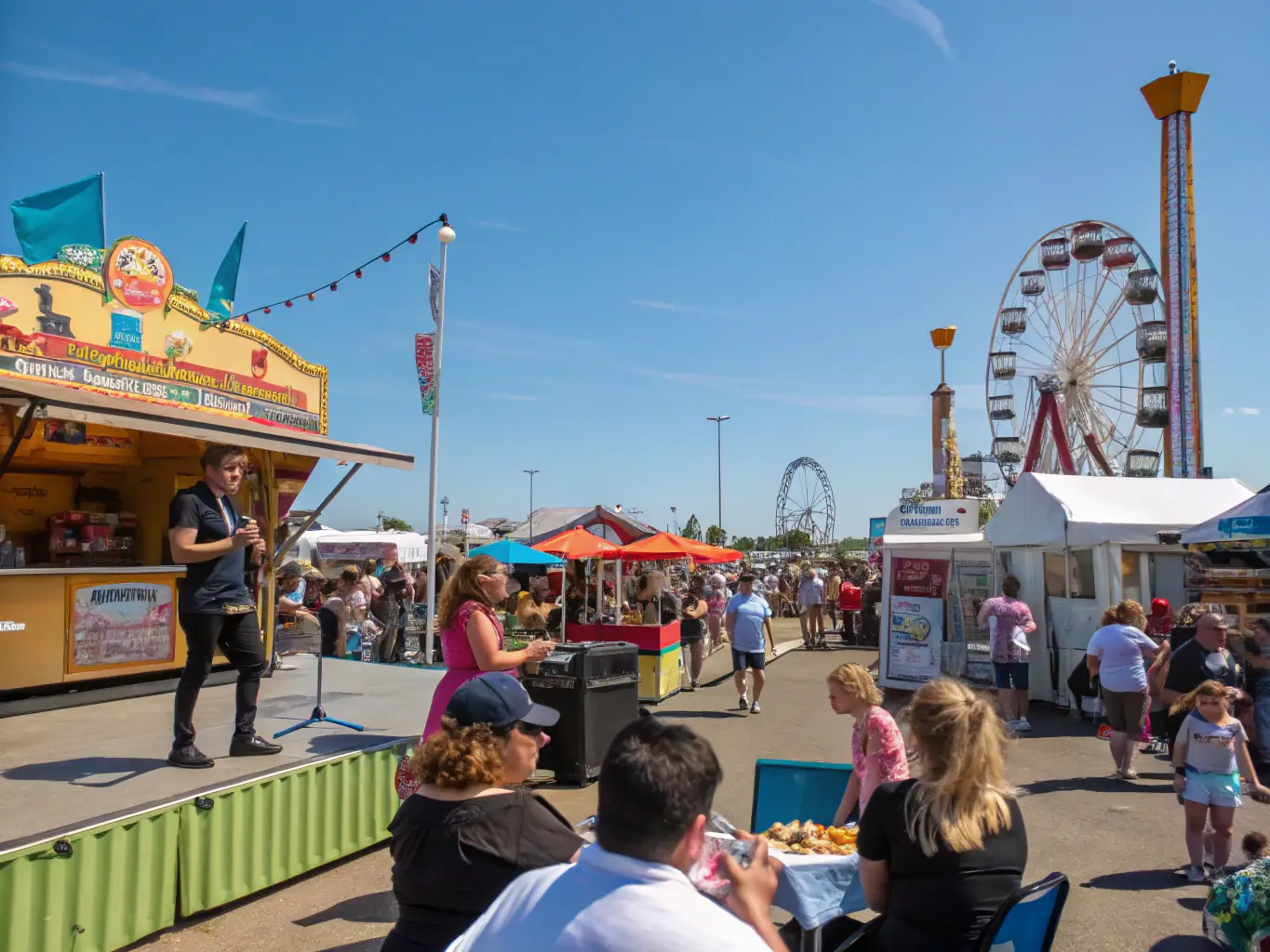 An image of a lively outdoor festival with music, food stalls, and community members enjoying the event, highlighting the community events and festivals organized by ASSOCIATION CULTURE, DETENTE, LOISIRS A VILLOGNON.